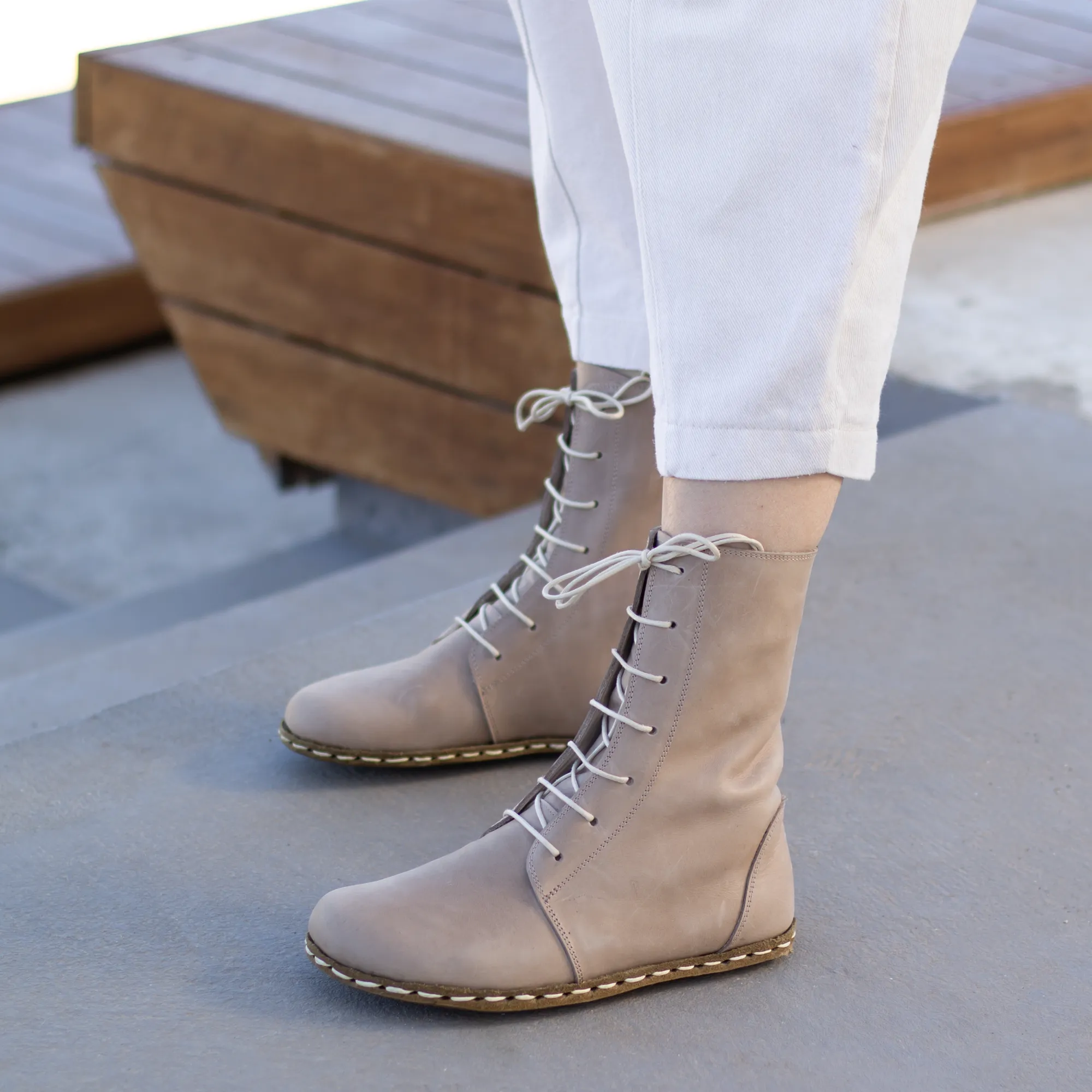 Barefoot Leather Lace-up Cream Boots for Women