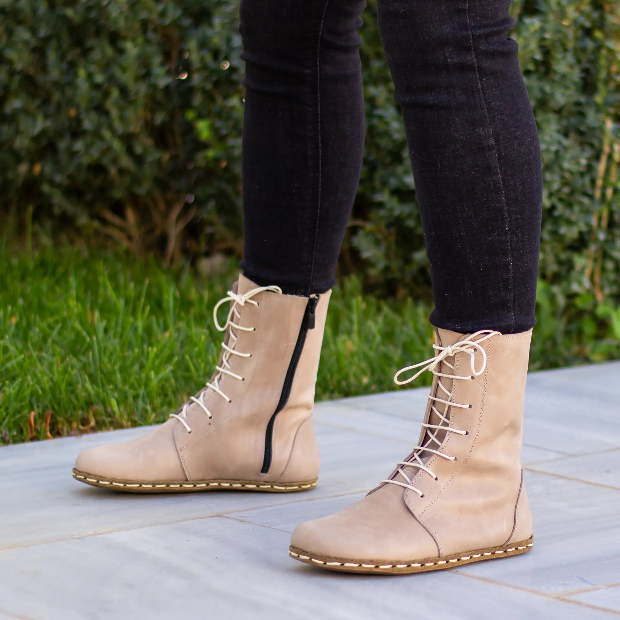 Barefoot Leather Lace-up Cream Boots for Women