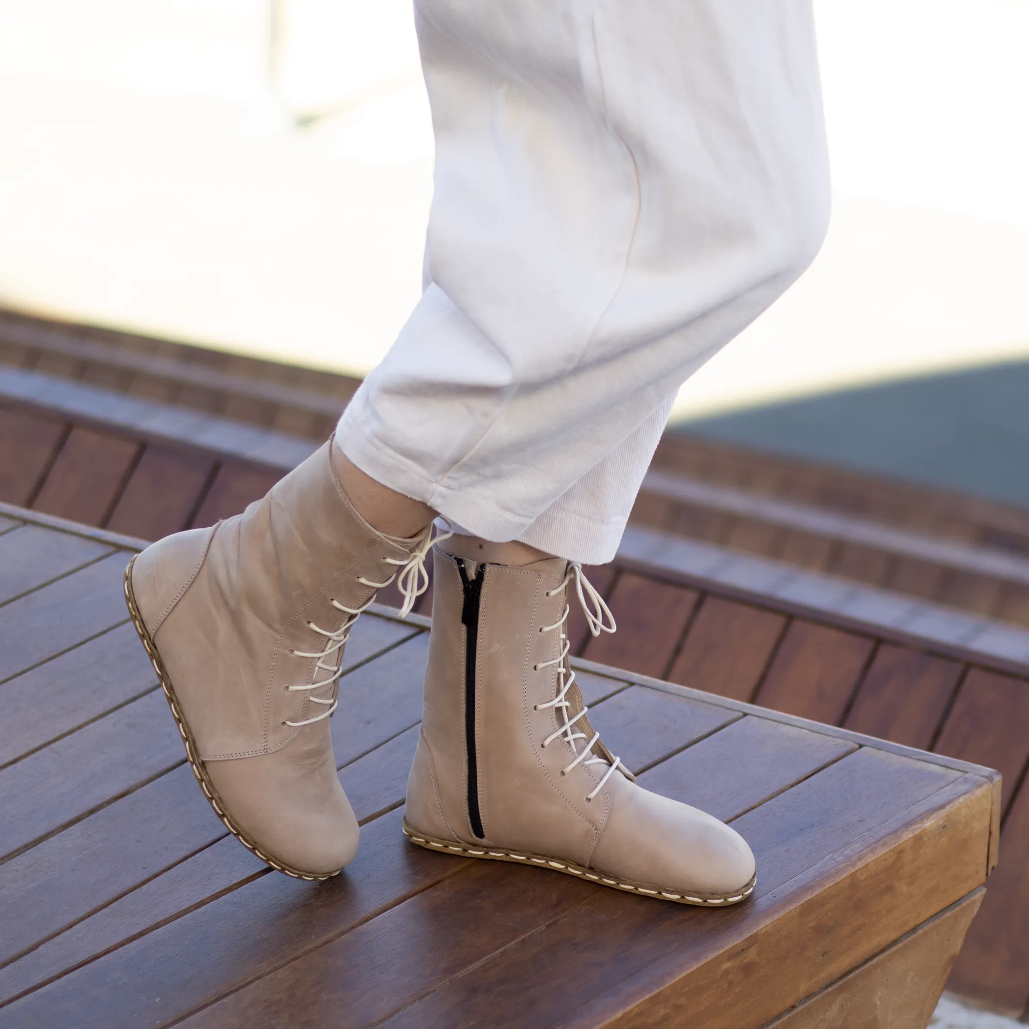 Barefoot Leather Lace-up Cream Boots for Women