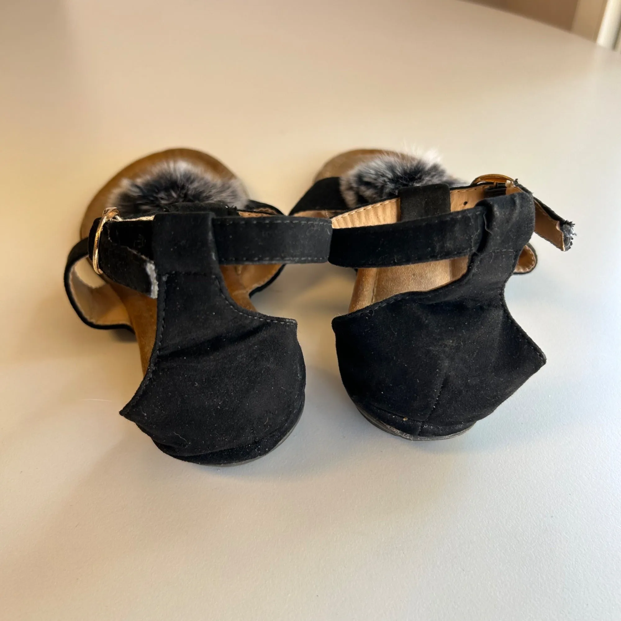 Black Fur Pom Pom Thong Sandals With Ankle Strap For Women Size 6