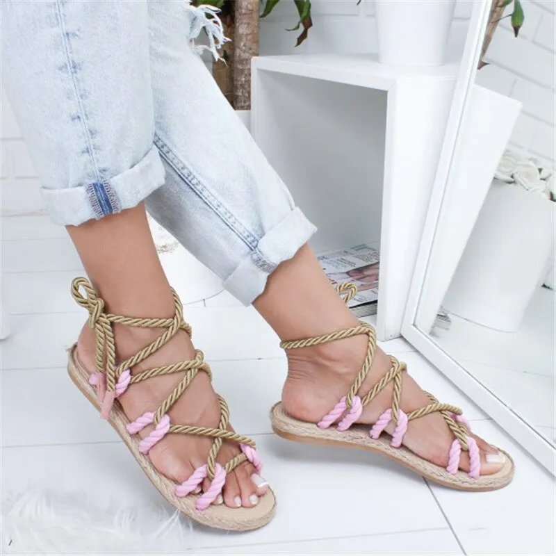 elveswallet Peep Toe Cross Lace Up Flat Sandals