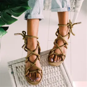 elveswallet Peep Toe Cross Lace Up Flat Sandals