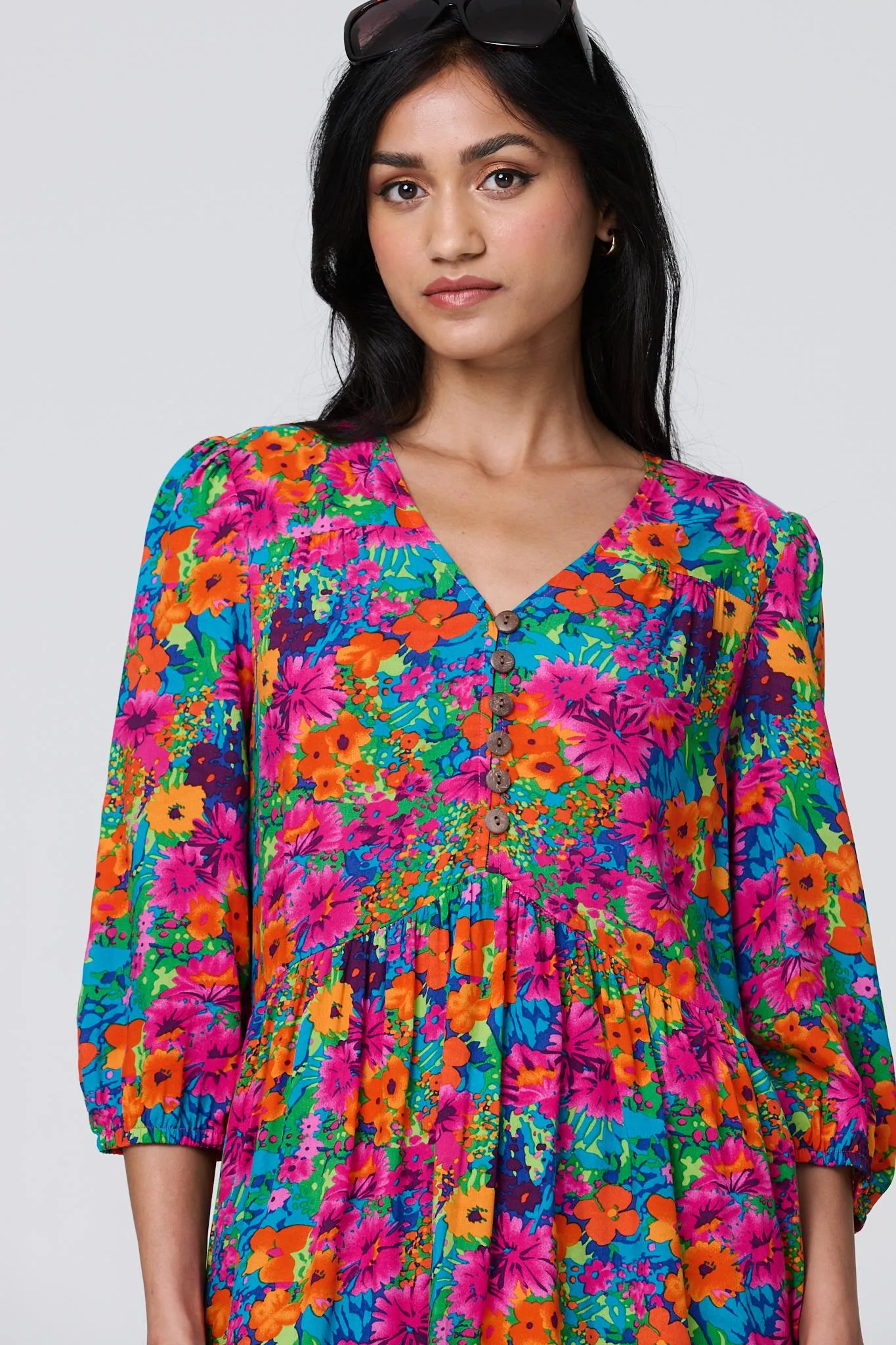 Floral 3/4 Sleeve Smock Dress