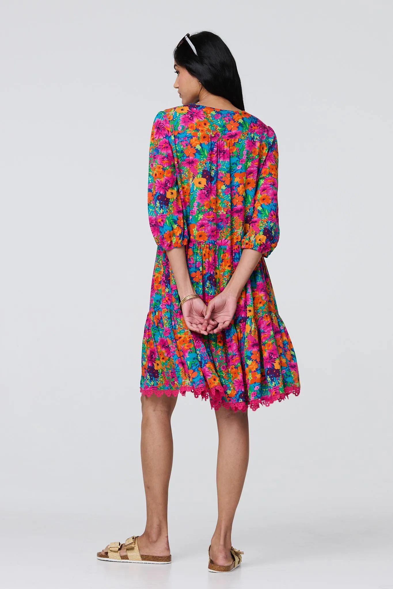 Floral 3/4 Sleeve Smock Dress