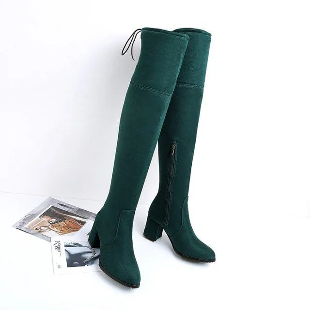 Funki Buys | Boots | Women's Thigh High Square Mid Heel Boots