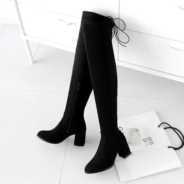 Funki Buys | Boots | Women's Thigh High Square Mid Heel Boots