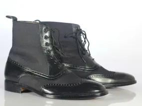 Handmade Men Black Wing Tip Ankle Boots, Men Leather Denim Designer Fashion Boots