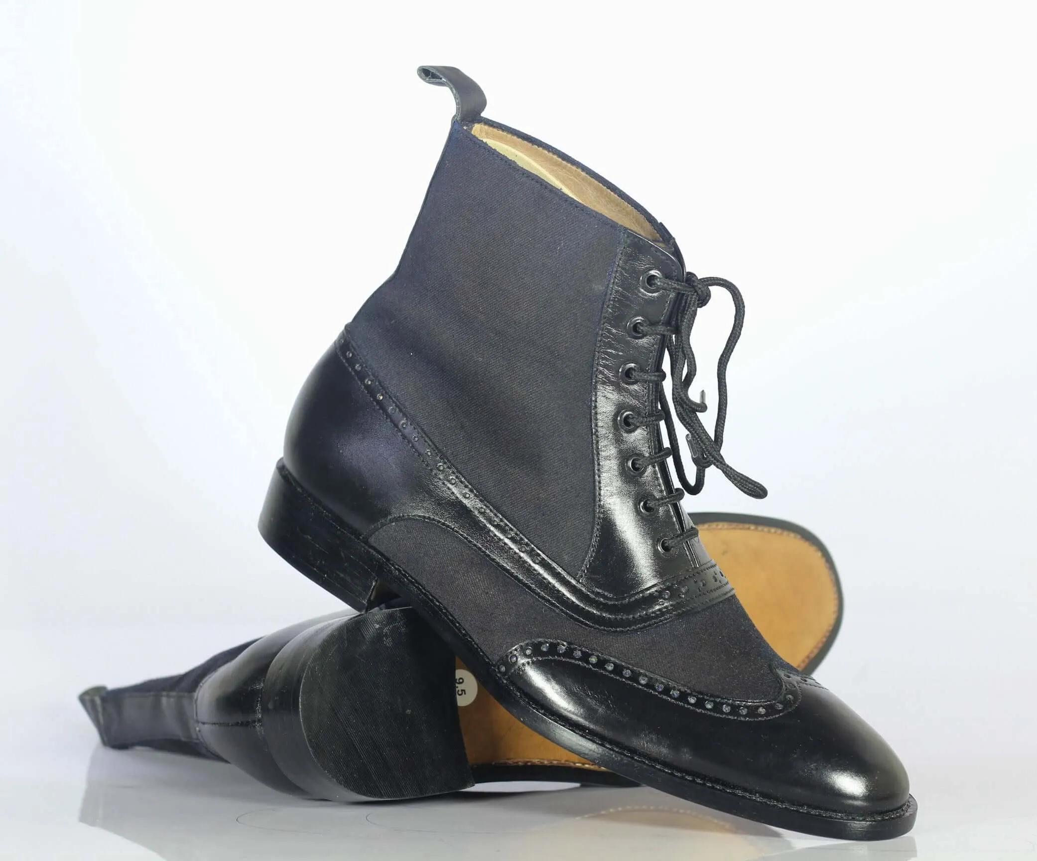 Handmade Men Black Wing Tip Ankle Boots, Men Leather Denim Designer Fashion Boots