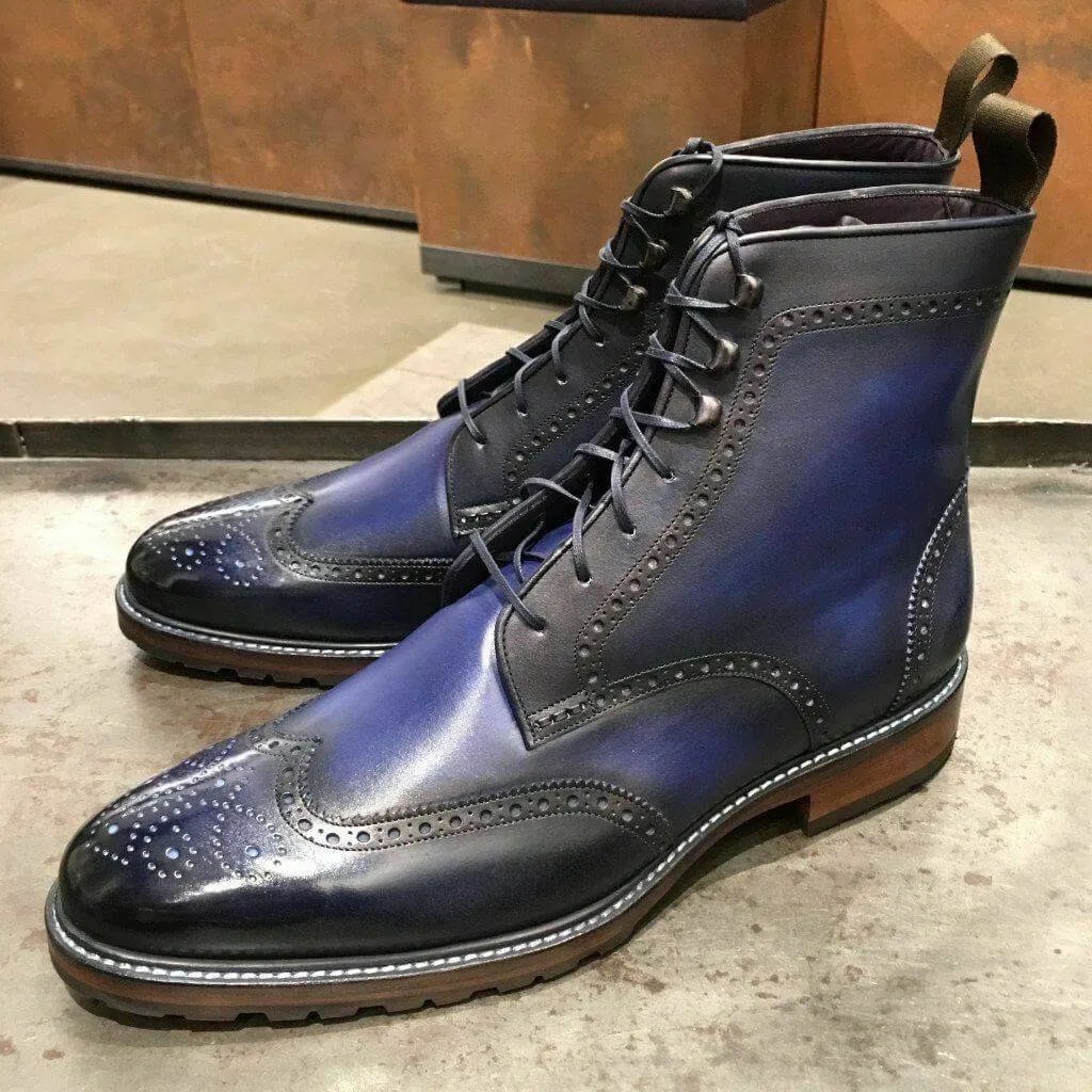 Handmade Men Blue Wing Tip Brogue Ankle Boots, Men Leather Designer Fashion Boots