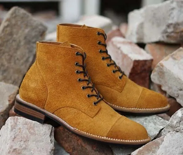 Handmade Men's Ankle High Boots, Men Tan Brown Suede Cap Toe Lace Up Casual Boots