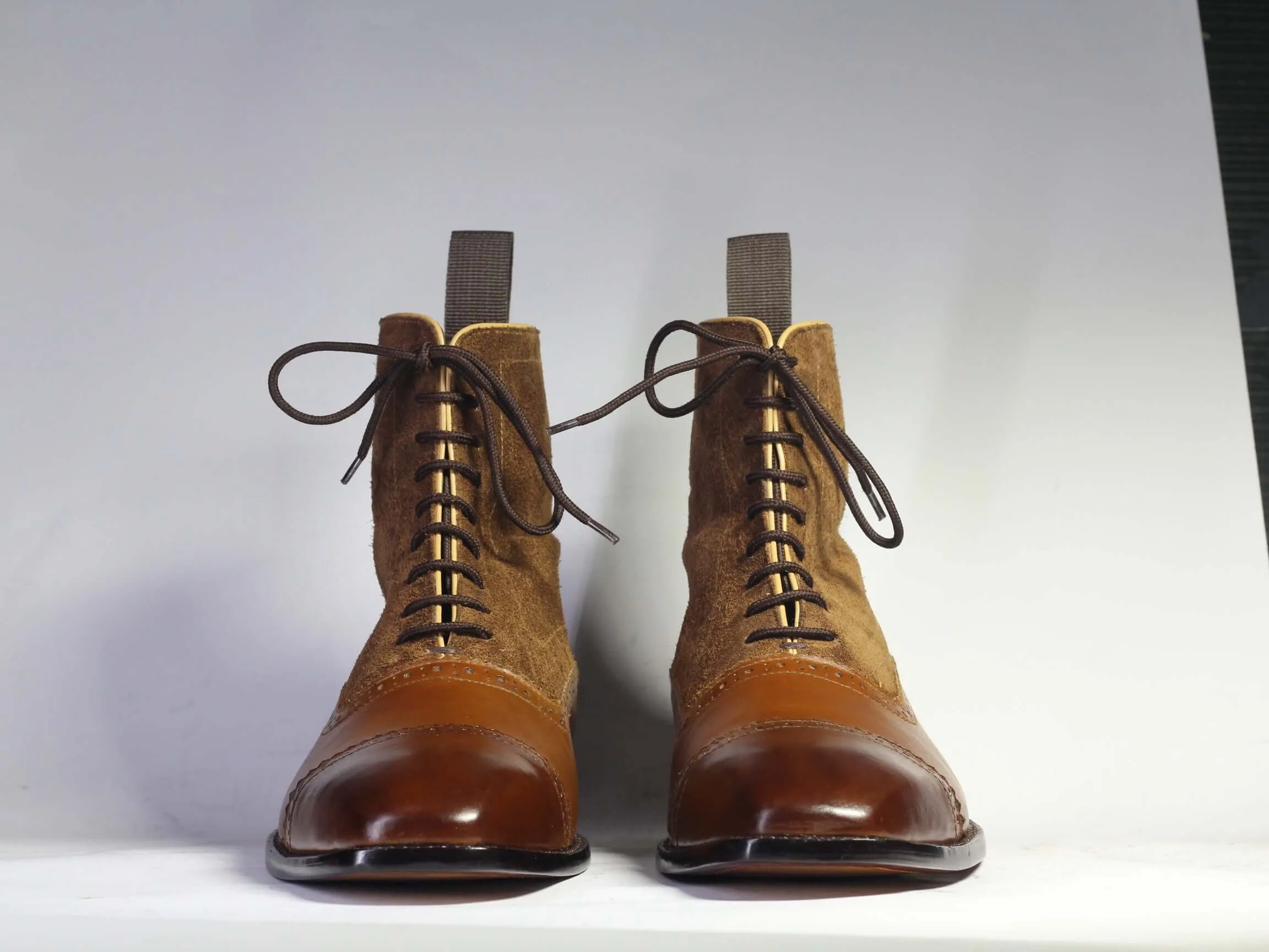 Handmade Men’s Ankle High Brown Cap Toe Boots, Men Leather Suede casual Boots