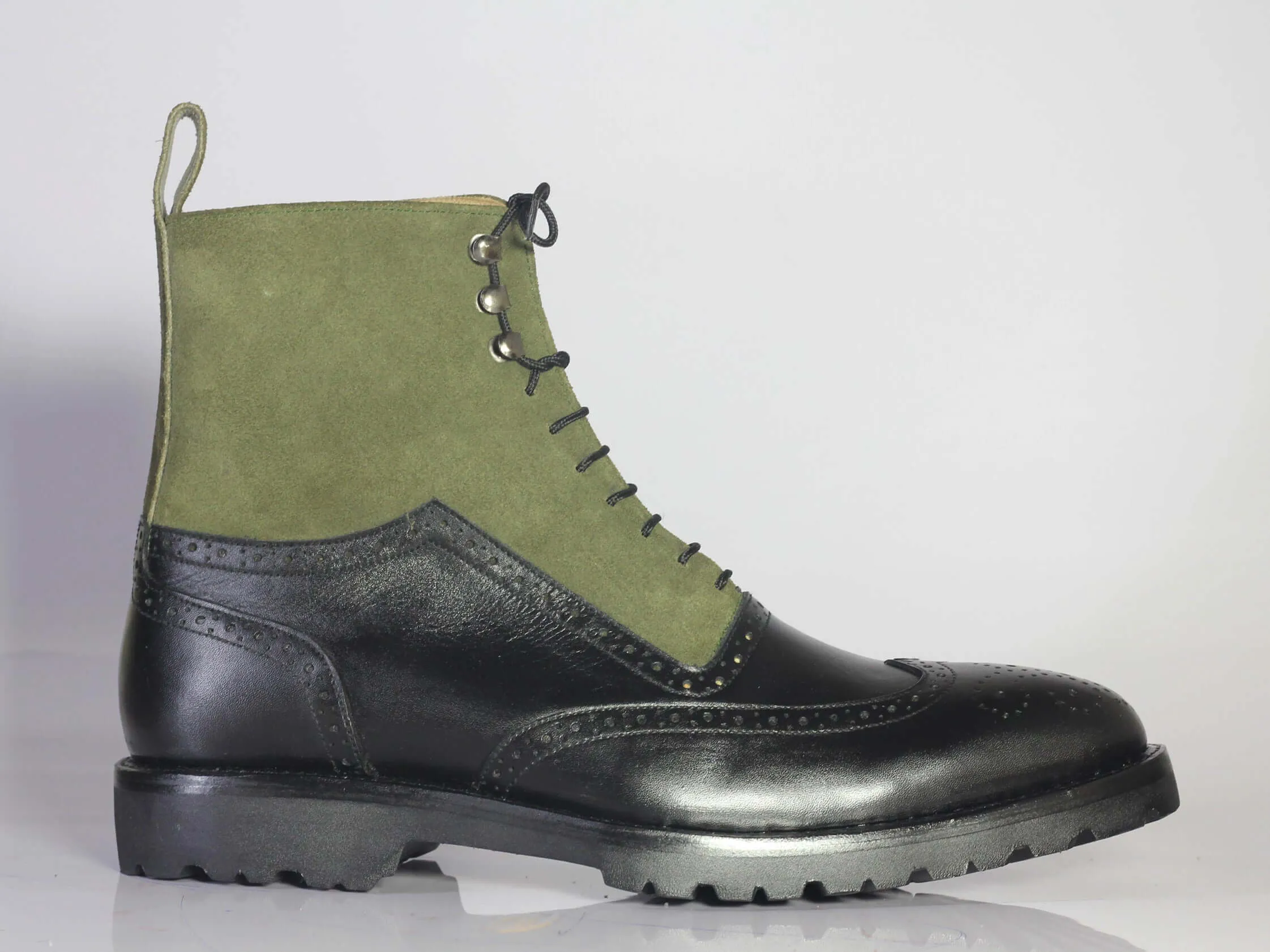 Handmade Men's Black Green Wing Tip Brogue Suede Leather Lace Up Boots, Men Ankle Boots, Men Designer Fashion Boots