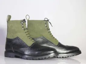 Handmade Men's Black Green Wing Tip Brogue Suede Leather Lace Up Boots, Men Ankle Boots, Men Designer Fashion Boots