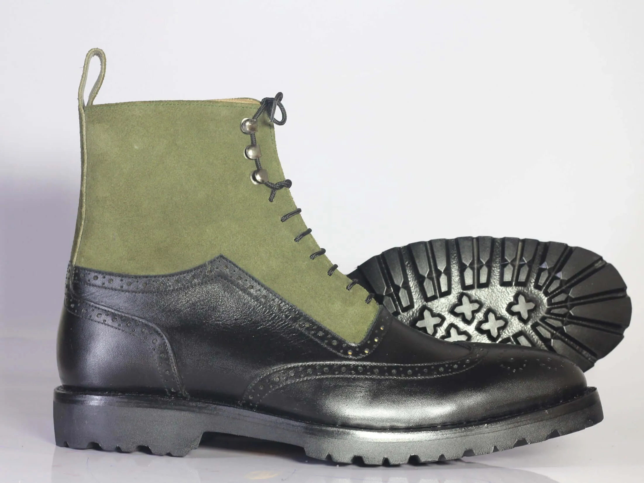 Handmade Men's Black Green Wing Tip Brogue Suede Leather Lace Up Boots, Men Ankle Boots, Men Designer Fashion Boots