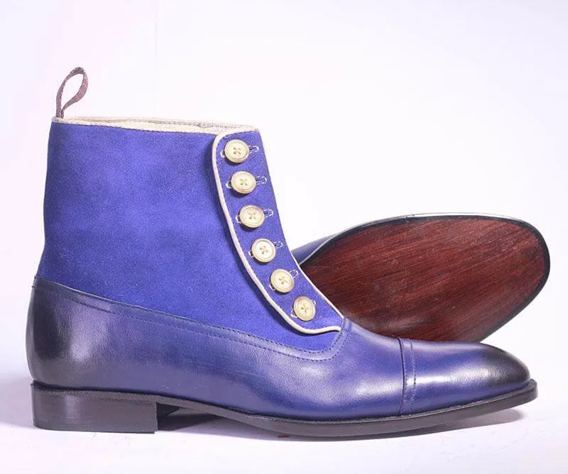 Handmade Men's Blue Cap Toe Ankle High Boots, Men Leather Suede Button Designer Boots