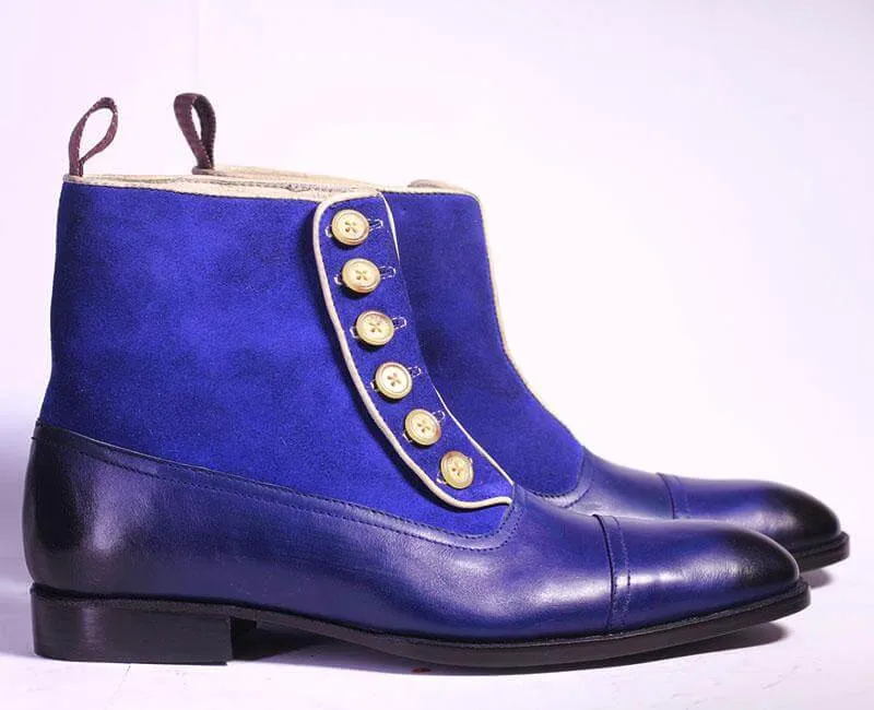 Handmade Men's Blue Cap Toe Ankle High Boots, Men Leather Suede Button Designer Boots