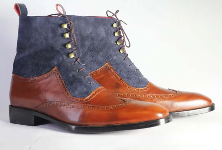 Handmade Men's Brown Blue Wing Tip Leather Suede Lace Up Boots, Men Ankle Boots, Men Designer Boots