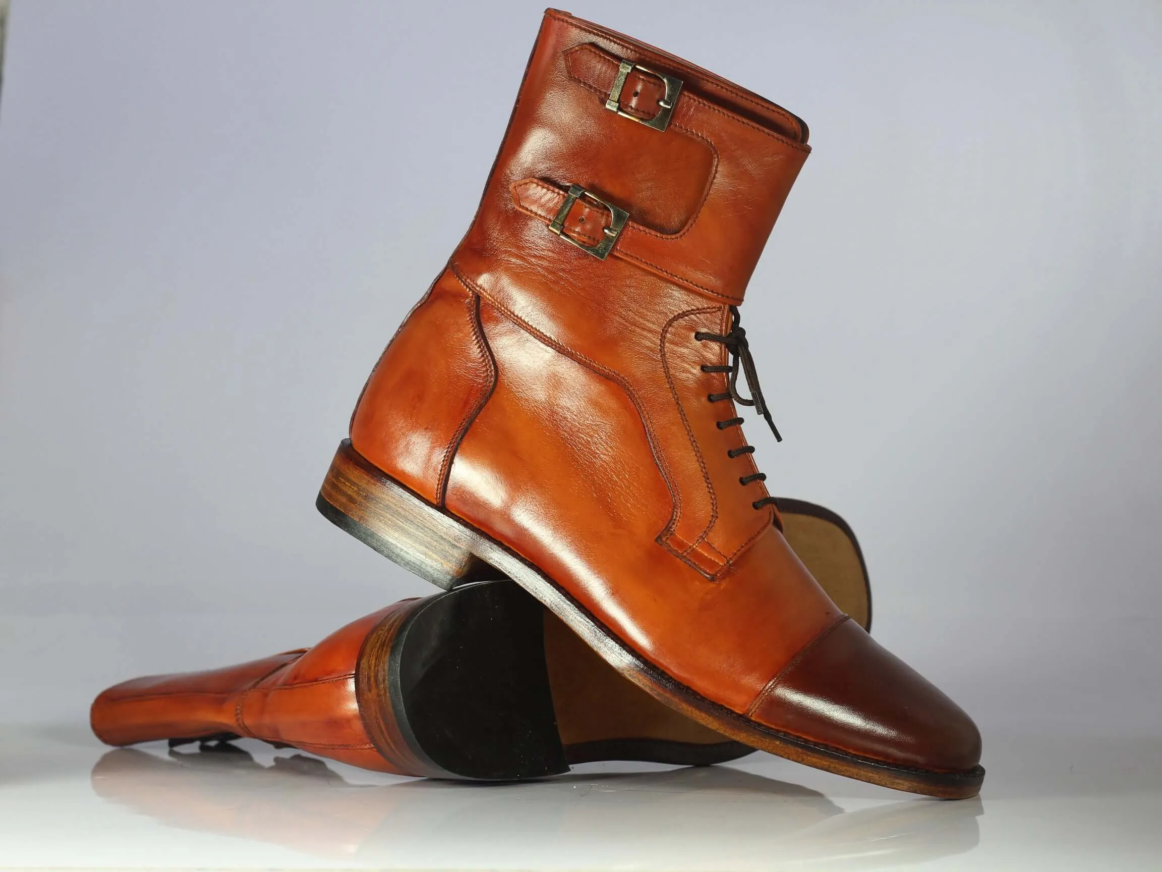 Handmade Men's Brown Cap Toe Leather Double Monk Strap & Lace Up Ankle Boots, Men Designer Boots