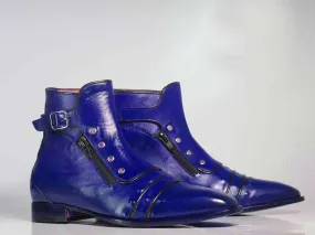 Handmade Men’s Purple Ankle High Boots, Men Cap Toe Buckle & Zipper Leather Boots