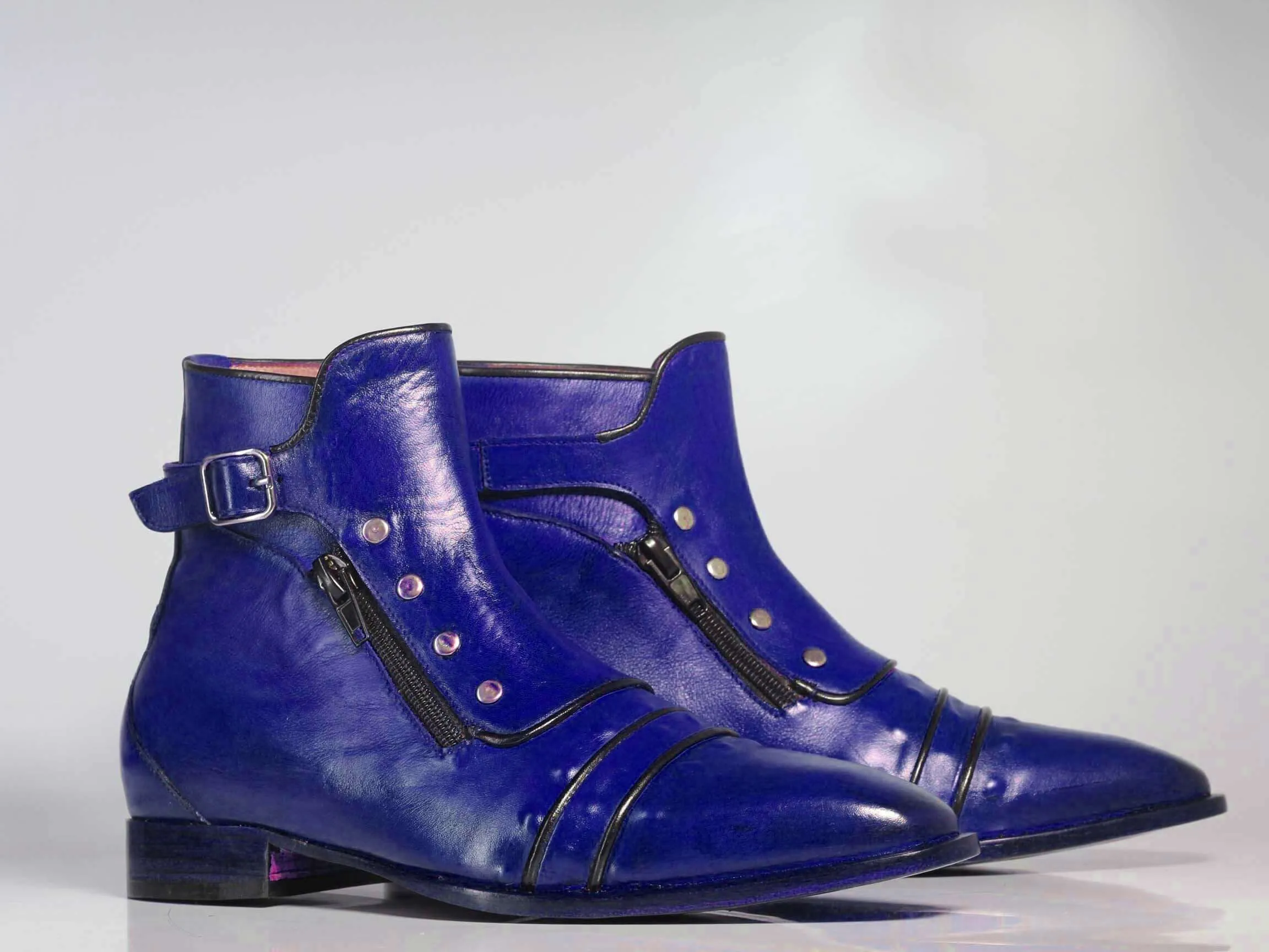 Handmade Men’s Purple Ankle High Boots, Men Cap Toe Buckle & Zipper Leather Boots