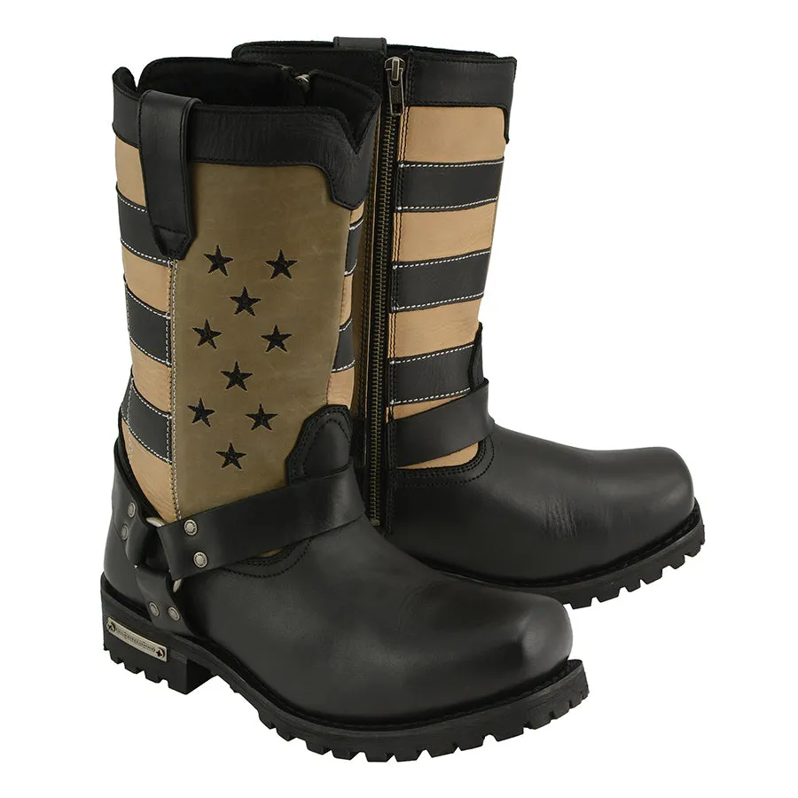 Men’s Black & Tan Stars & Stripes Harness Motorcycle Boot