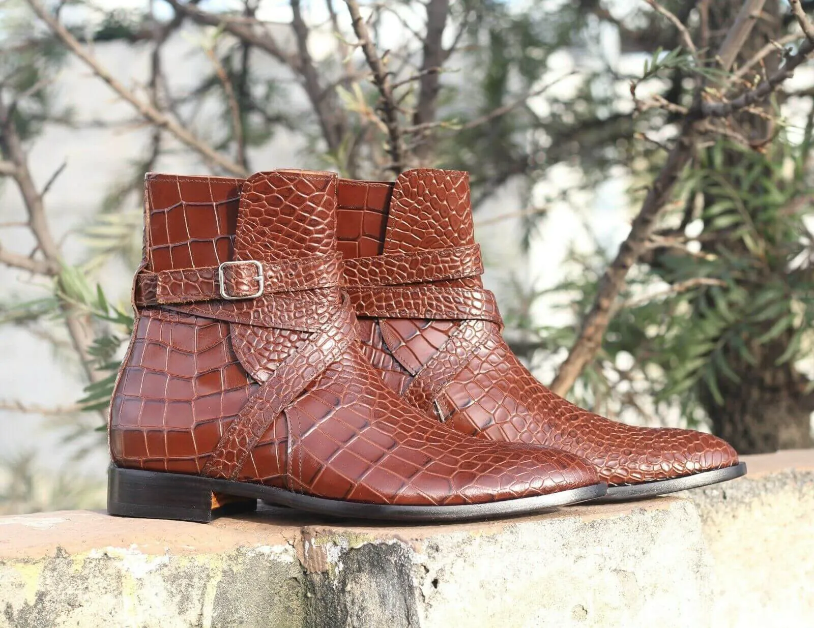 Men's Handmade Brown Jodhpurs alligator texture Boots, Men Designer Dress Boots