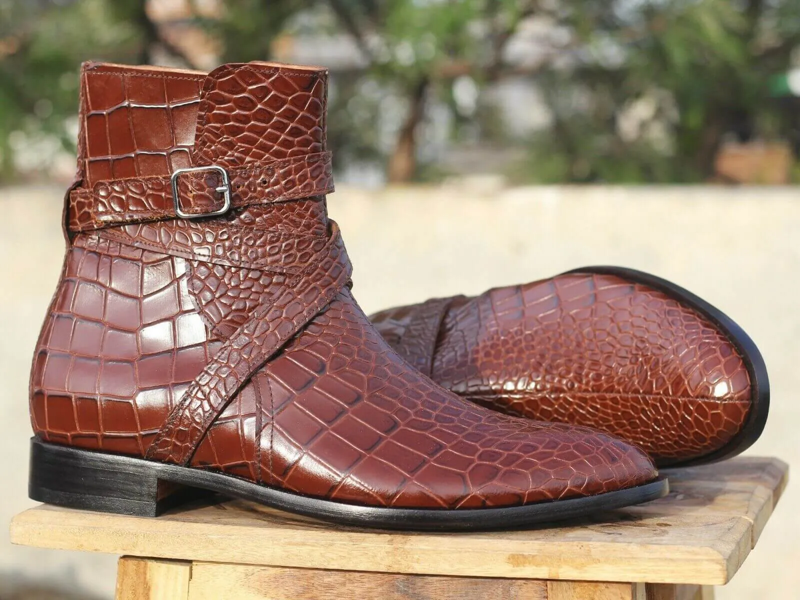 Men's Handmade Brown Jodhpurs alligator texture Boots, Men Designer Dress Boots