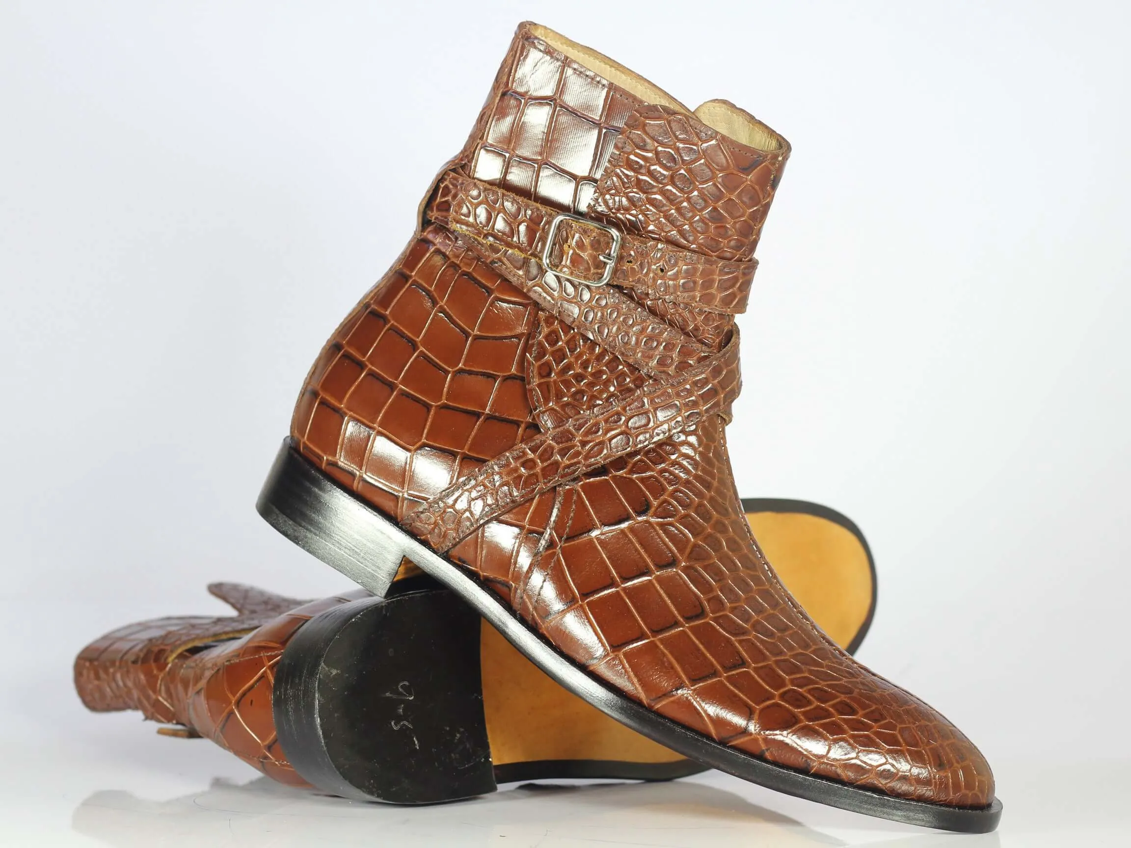 Men's Handmade Brown Jodhpurs alligator texture Boots, Men Designer Dress Boots