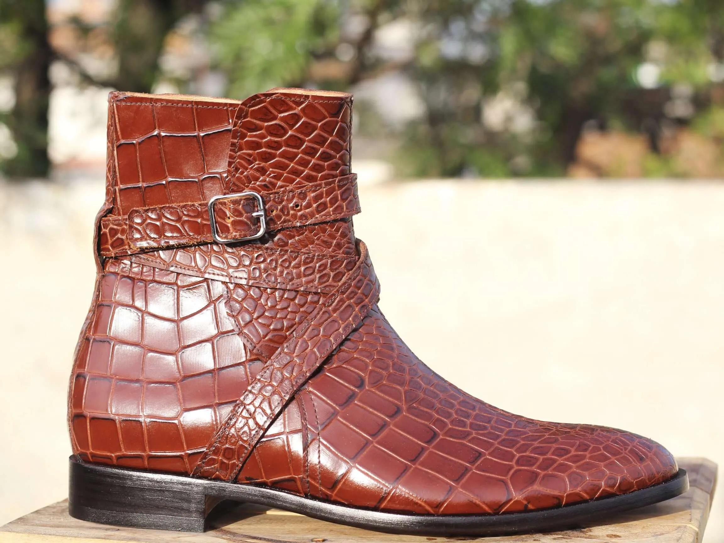 Men's Handmade Brown Jodhpurs alligator texture Boots, Men Designer Dress Boots