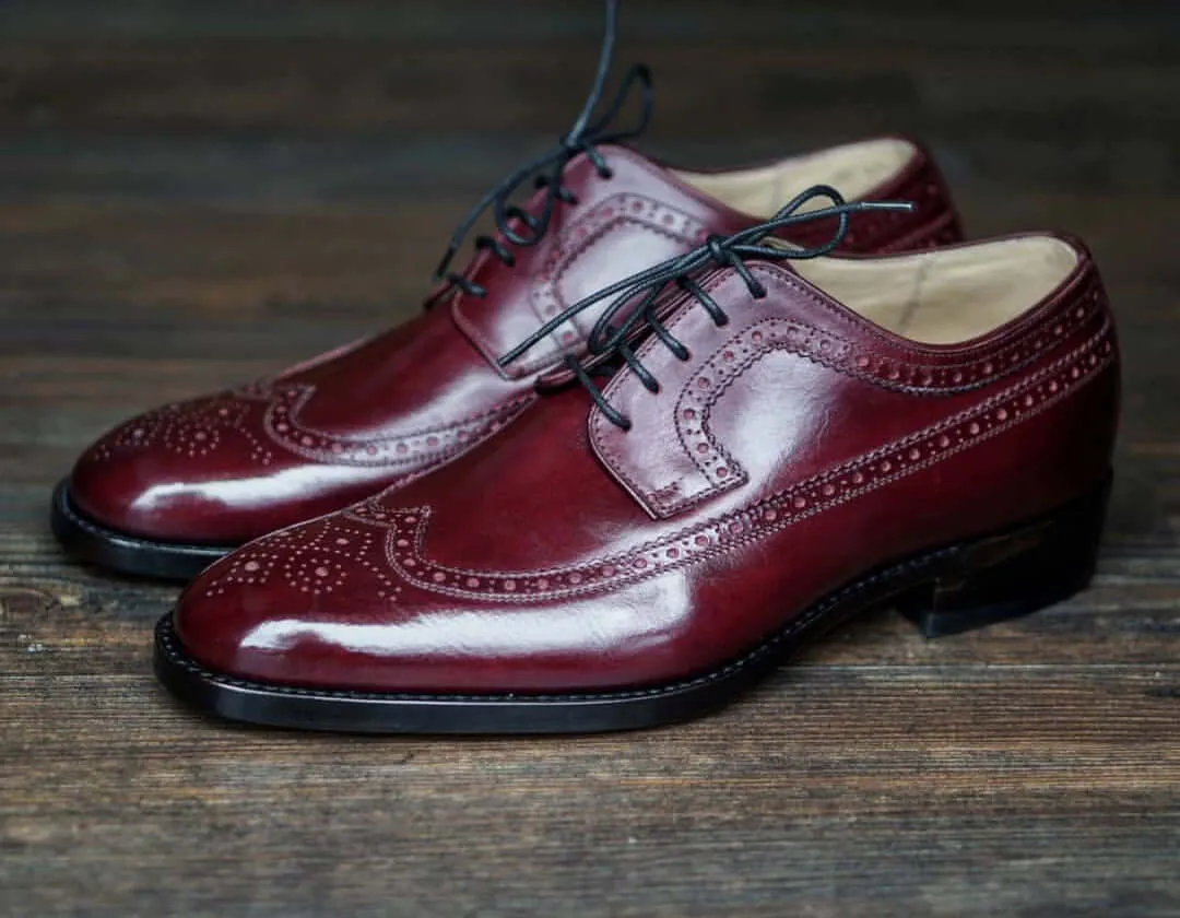 Men’s Handmade Burgundy Color Leather Shoes, Men Wing Tip Brogue Dress Formal Lace Up Shoes