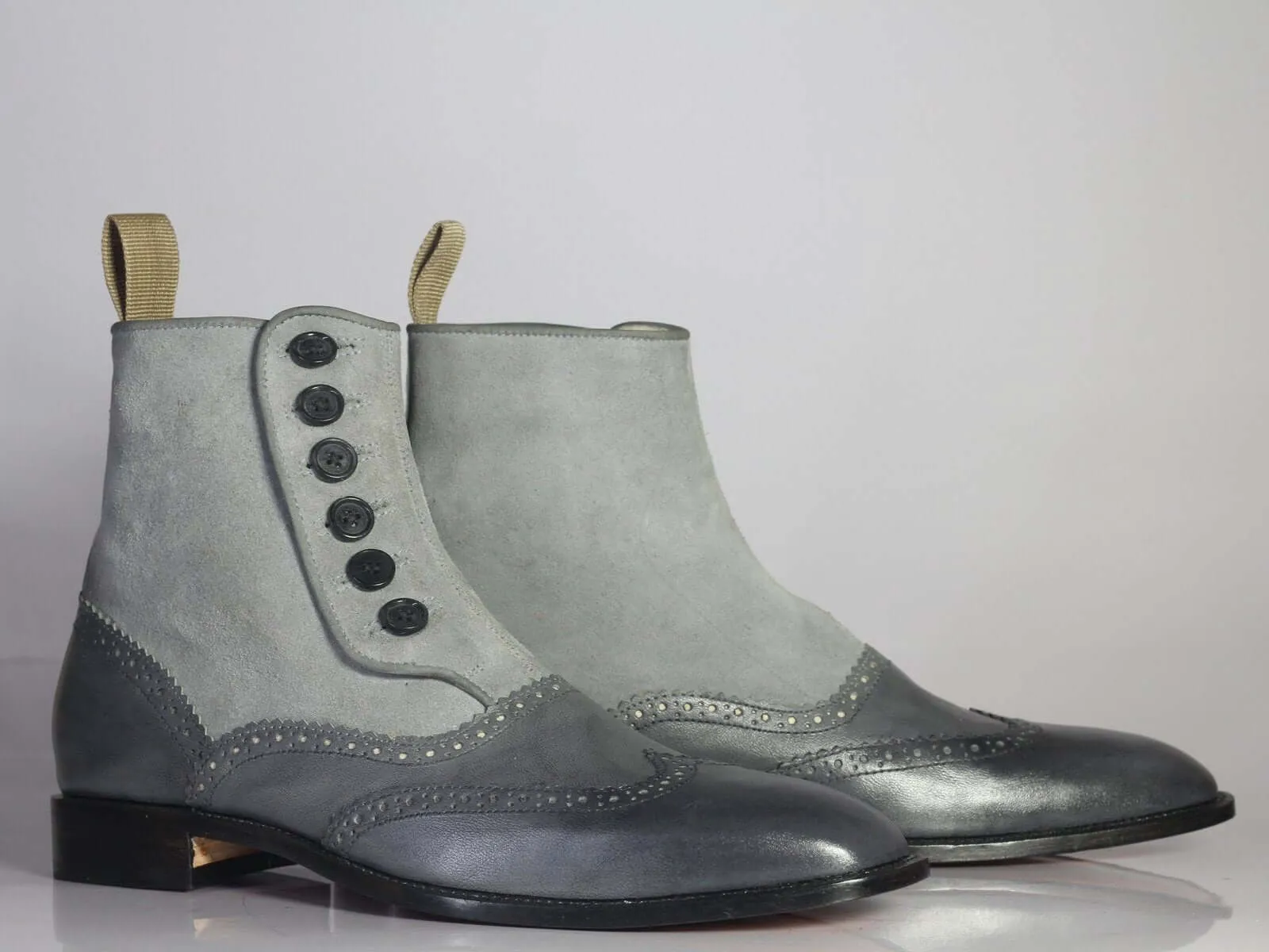 New Designer Handmade Men's Gray Wing Tip Ankle Boots, Men Leather Suede Button Boots