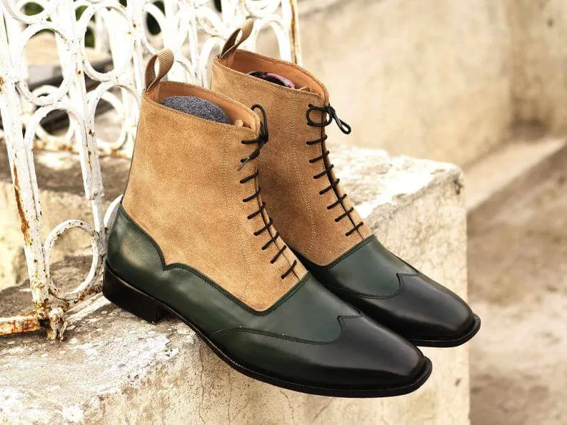 New Handmade Men's Black Leather Beige Suede Wing Tip Boots, Men Ankle Boots, Men Fashion Boots