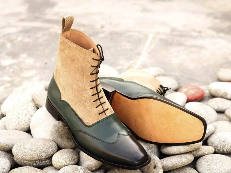 New Handmade Men's Black Leather Beige Suede Wing Tip Boots, Men Ankle Boots, Men Fashion Boots