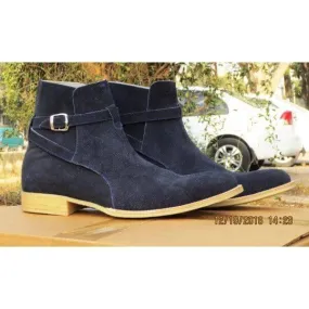 New Men's Handmade Blue Jhodpur Suede Buckle Stylish Boots, Formal Ankle High Boots