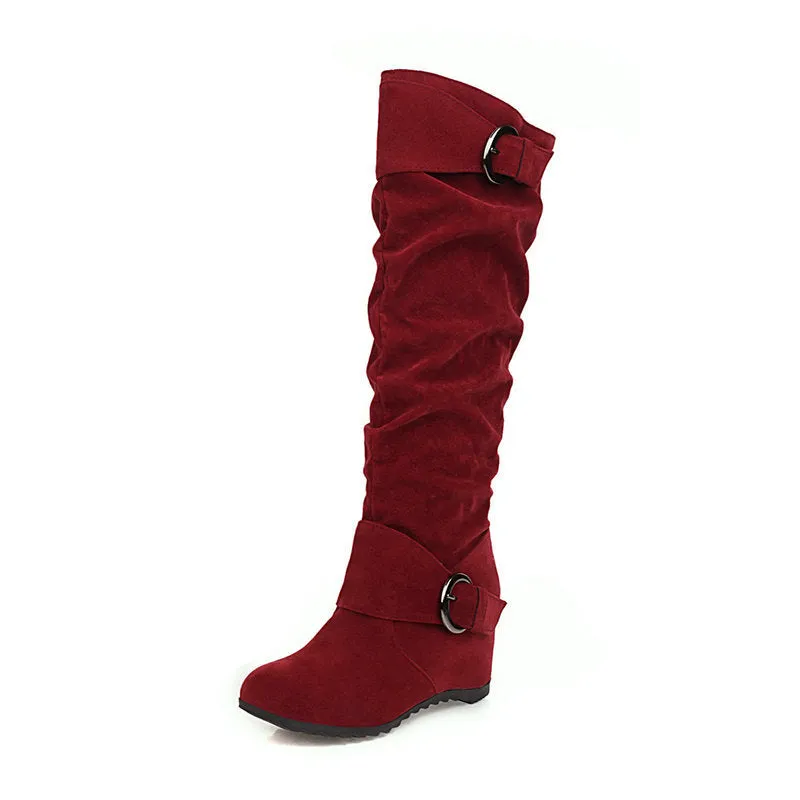 Retro slouchy faux suede wedge heels knee high boots