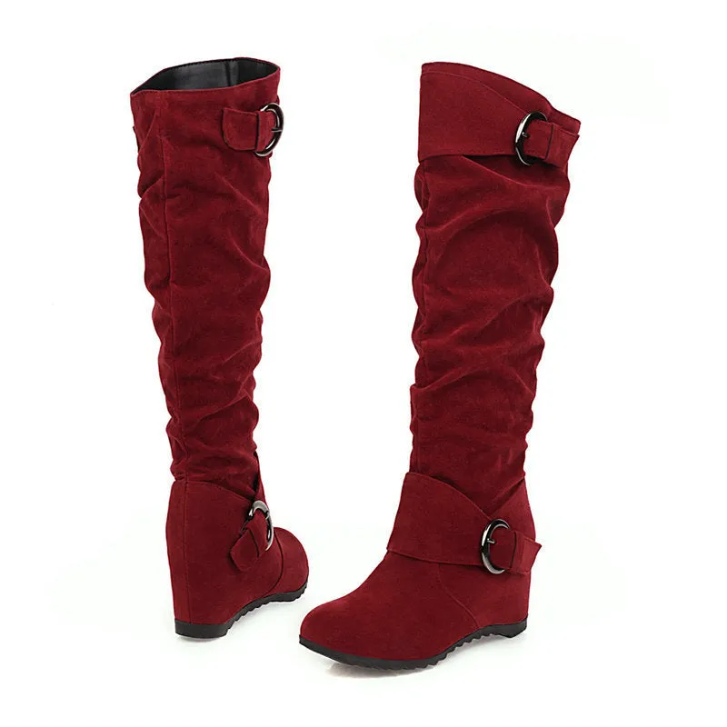 Retro slouchy faux suede wedge heels knee high boots