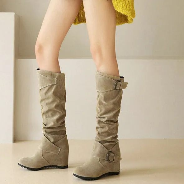 Retro slouchy faux suede wedge heels knee high boots