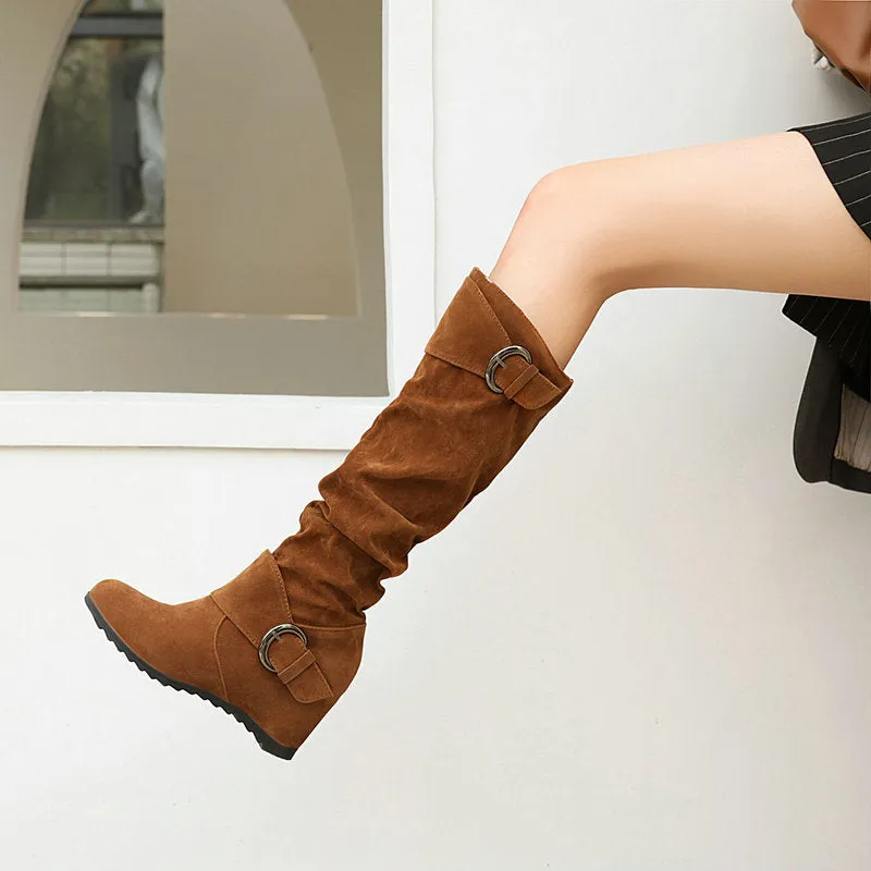 Retro slouchy faux suede wedge heels knee high boots