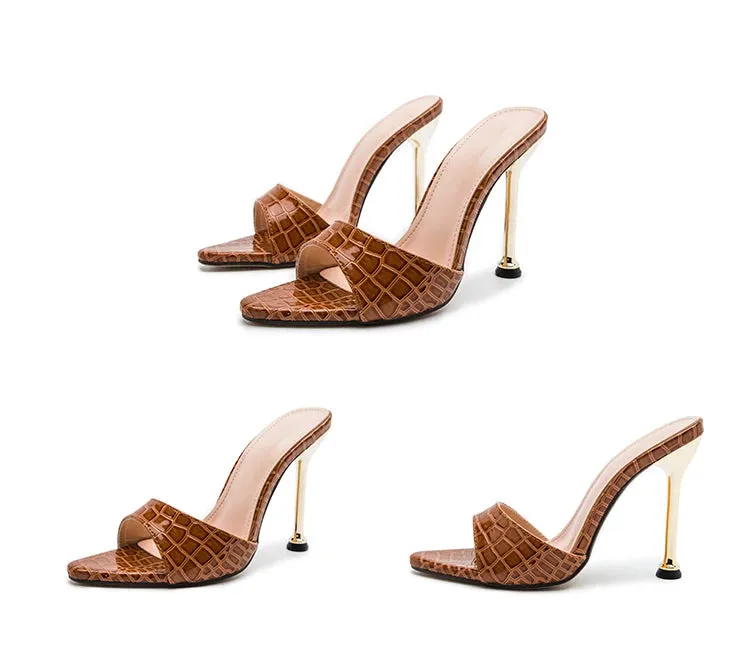 Snake Print  Pointed Toe Stiletto High Heel Sandals