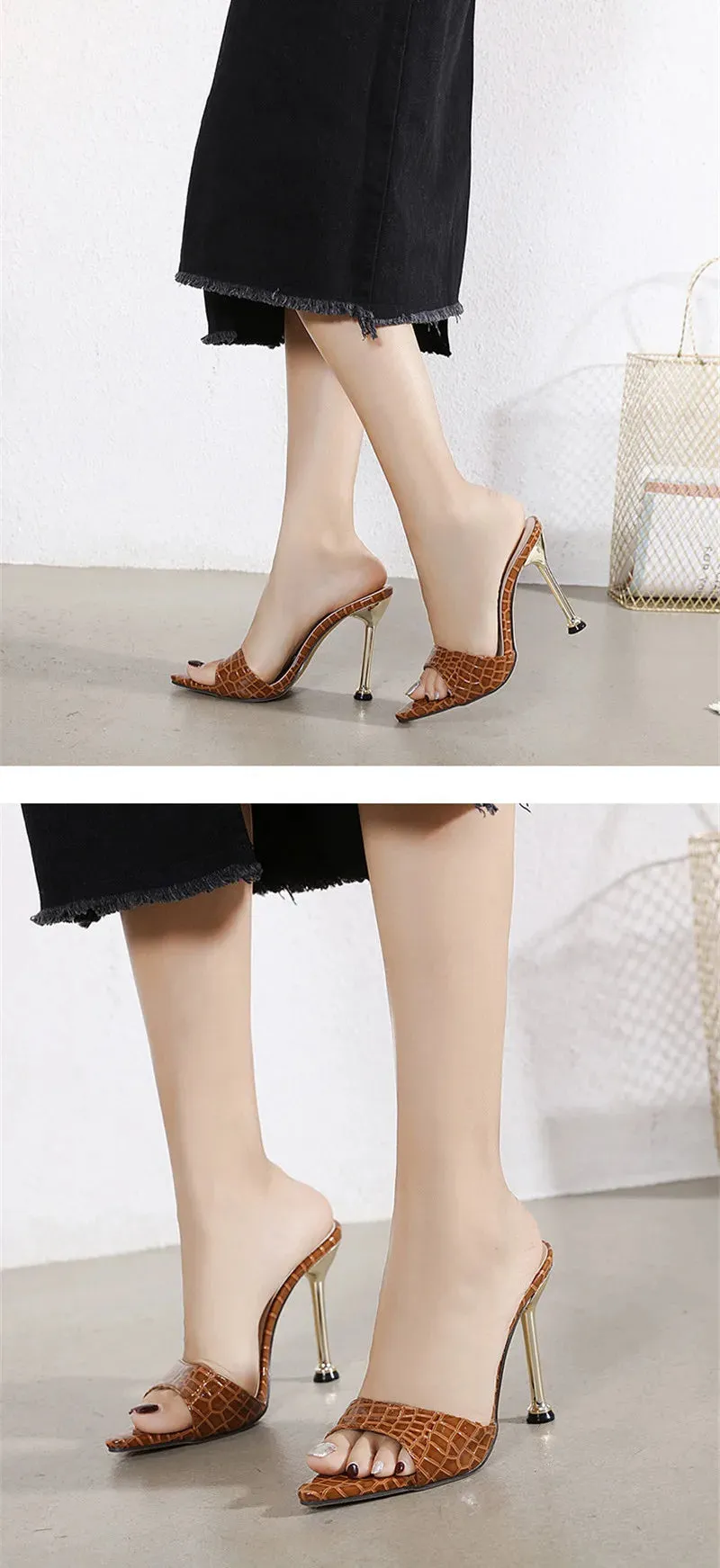 Snake Print  Pointed Toe Stiletto High Heel Sandals