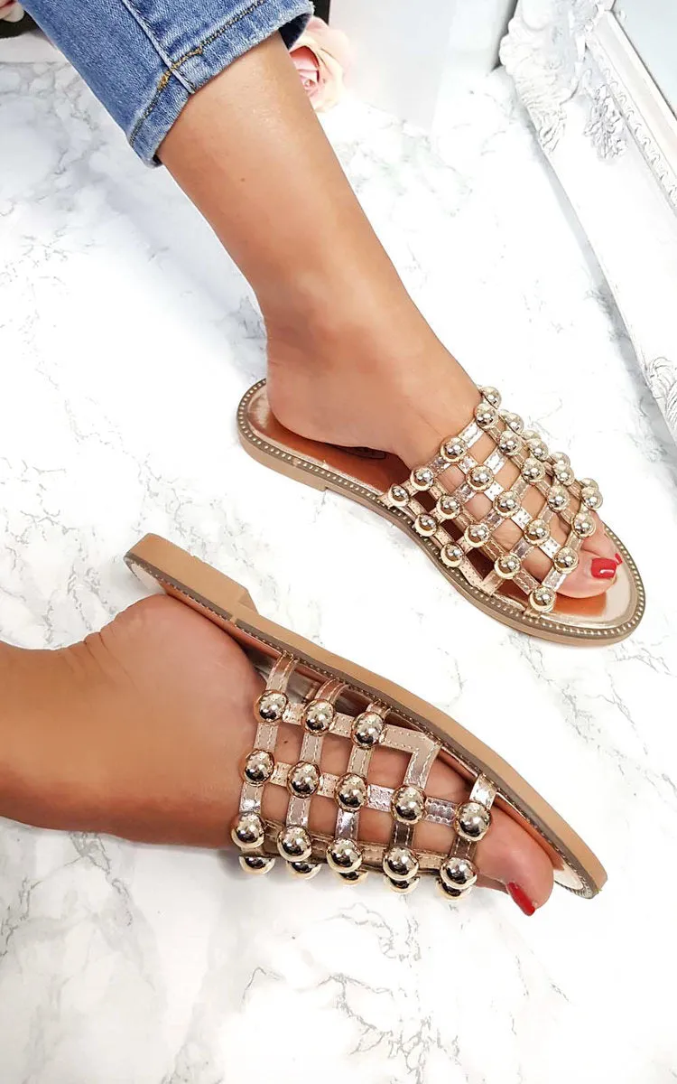 Studded Caged Open Toe Sliders