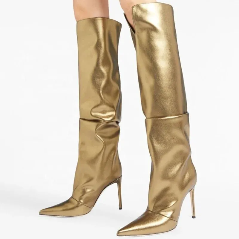 Trend4us Women's Luxury Metallic Slouchy Knee-High Boots