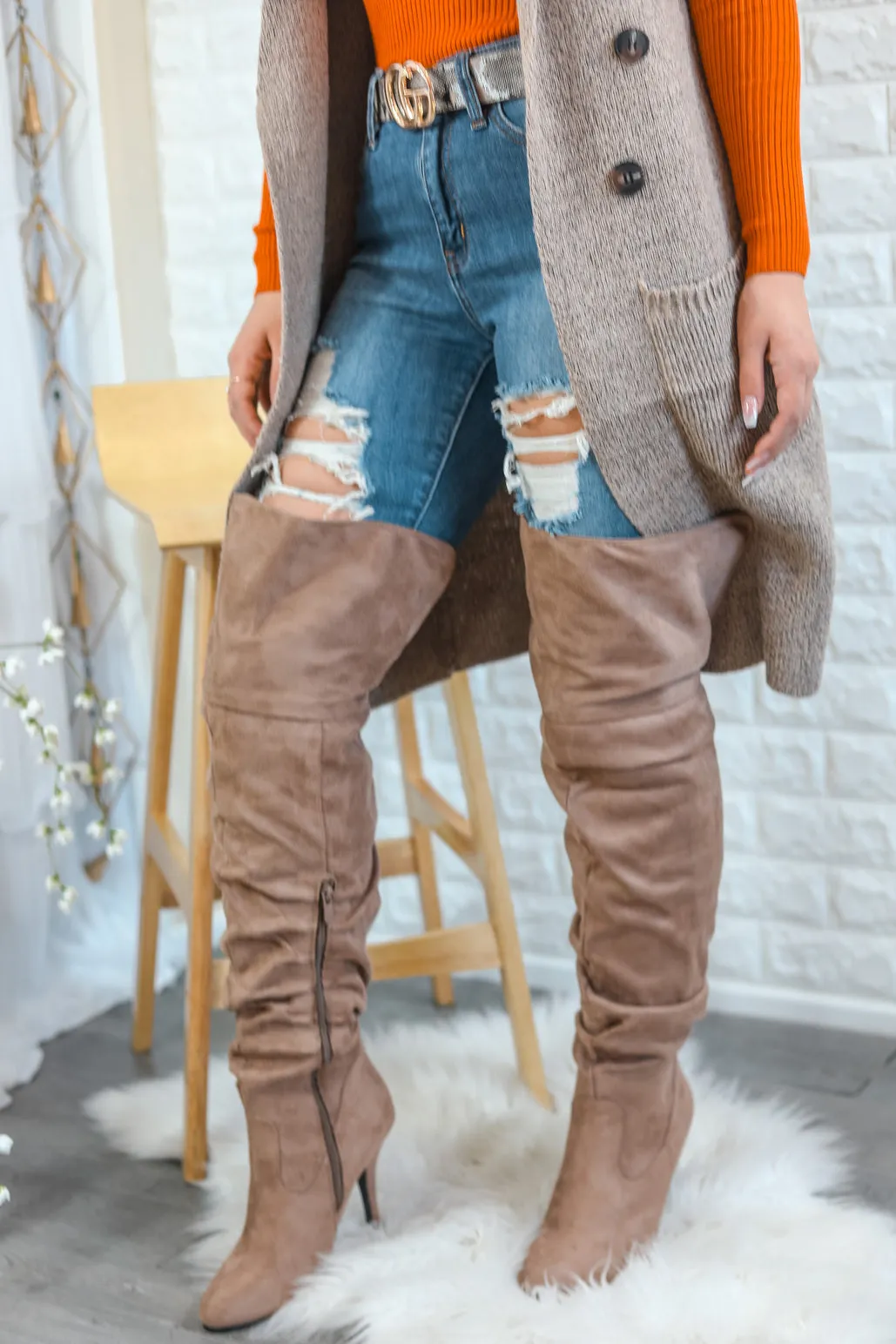 Unmatchable Pointy Slouchy Knee and Thigh High Boots Taupe