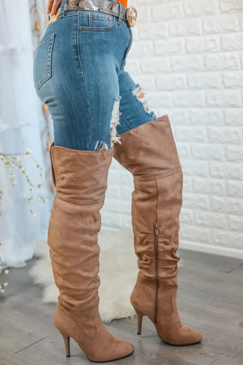 Unmatchable Pointy Slouchy Knee and Thigh High Boots Taupe