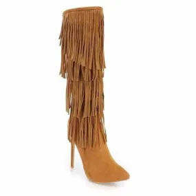 Women's Brown Faux Suede Retro Fringe High Boots